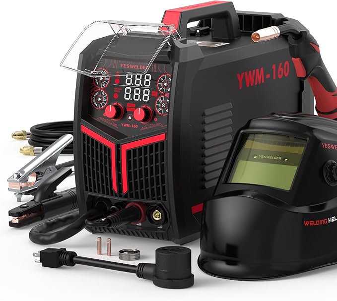YESWELDER YWM-160 MIG Welder, 4-in-1 Flux Core/MIG/Lift TIG/Stick, Synergic Control 110V/220V 160A Multiprocess Welding Machine & LYG-L600A Auto Darkening Blue Light Blocking Welding Helmet