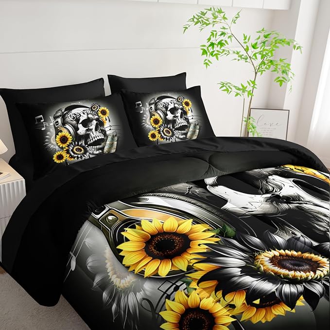 Gothic Skull King Size Comforter Set 7 Pieces,Skull with Headphones Print Bedding Set for Adults Kids Bedroom Decor,Music Sunflower Bedding with Comforter,Fitted Sheet,Flat Sheet,Pillowcases.