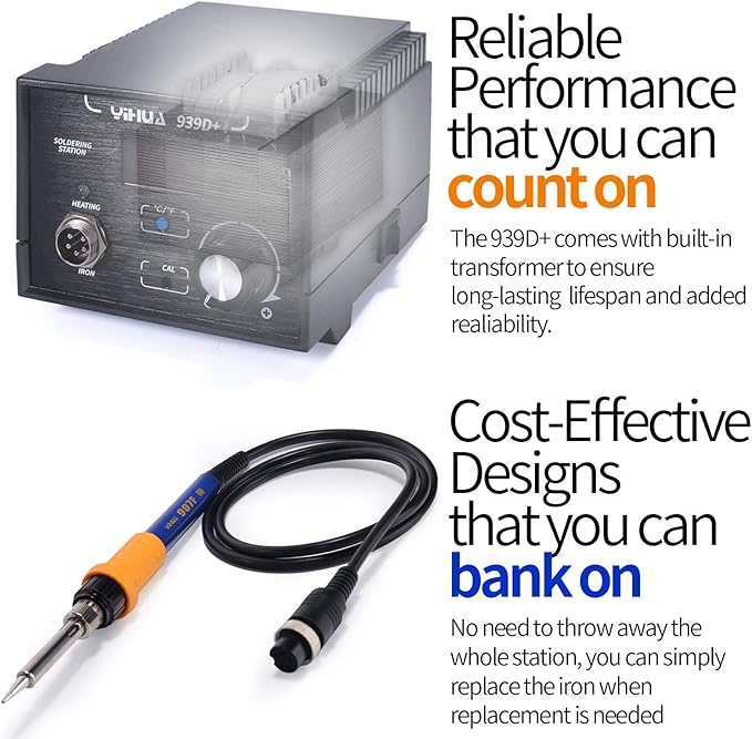 YIHUA 939D+ Digital Soldering Station, 75W Equivalent with Precision Heat Control (392°F to 896°F) and Built-in Transformer. ESD Safe, Lead Free with °C/°F display (Black)