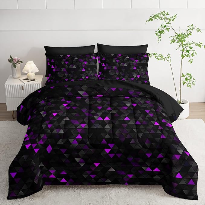 Nttopship Geometric Violet Black Triangle Twin Size Comforter Set,Light Honeycomb Bedding Set 7 Piece in A Bag,Bed Sheet Set Geometry Decor,Microfiber Lightweight All Season