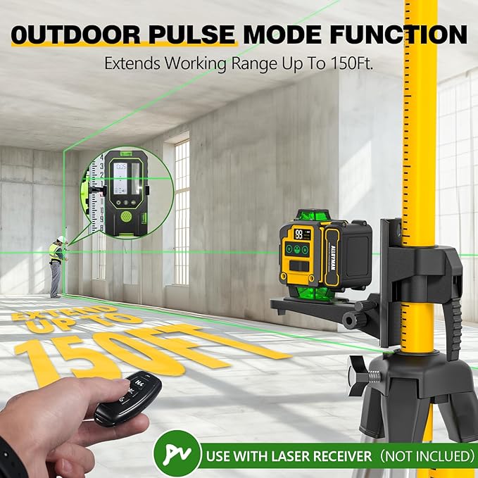 Alloyman 4x360°Self Leveling Laser Level, 12 Ft./3.7M Professional Laser Level Pole with Tripod, Green Line Lazer Leveler Tool with 2* Li-ion Batteries for Picture Hanging, Tile, Home Renovation