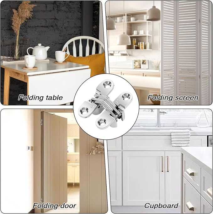 4 Pack Stainless Steel 180 Degree Hidden Hinges for Doors & Cabinets - Invisible Cross & Swing Hinges