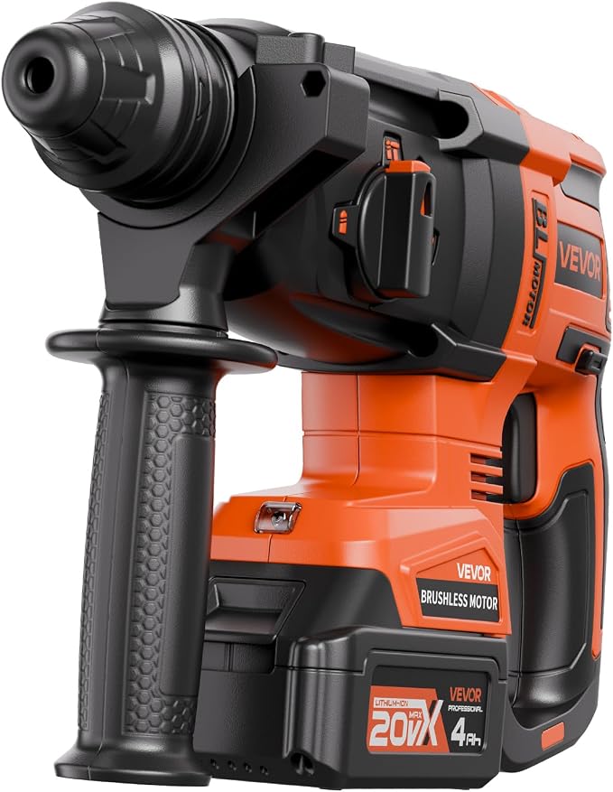 VEVOR 1" SDS-Plus Rotary Hammer Drill, 20V Brushless Cordless SDS Hammer Drills, 4.0Ah Lithium-Ion Battery Powered,3.0A Fast Charger, 4 Modes,Rotomartillo for Concrete,1200 RPM, 5300 BPM