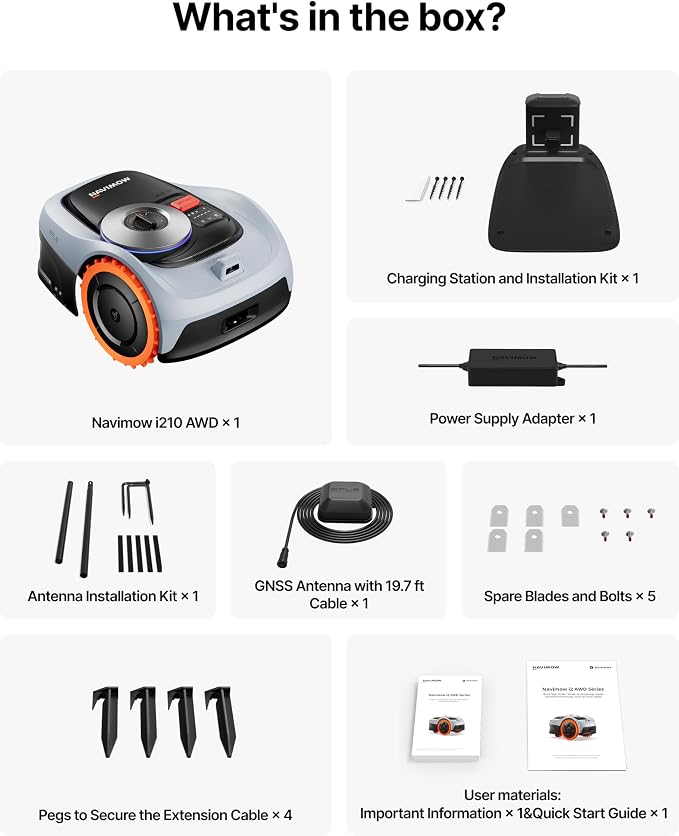 Segway Navimow i210 AWD Robot Lawn Mower Wire Free with Garage S, All-Wheel Drive for 45% Slopes, EFLS NRTK + Vision Auto Mapping, Covers 1/4 Acre (Garage Shipped Separately)
