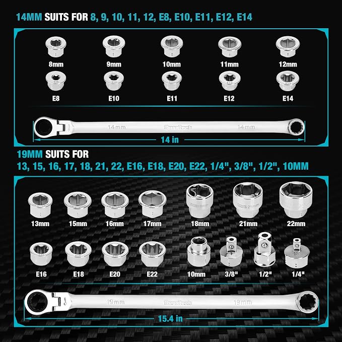 DURATECH 27PCS Extra Long Flex Head Ratcheting Wrench Set, 8-22mm | Double Box End Ratchet Wrench Set with E-type 8-22mm Replacement Heads, 10x19mm, 1/4", 3/8", 1/2" Socket Adapters
