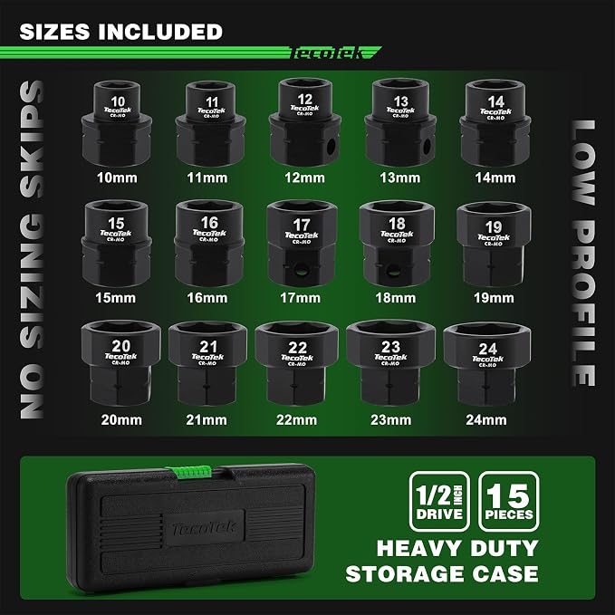 TecoTek 15-Piece 1/2-Inch Drive Metric Low Profile Impact Socket Set, Stubby Socket Set, 10mm-24mm, No Skips Sizes, 6 Point, Cr-Mo, Shorter Socket for Tight Areas