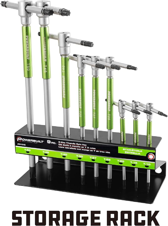 Powerbuilt 9 Pc Torx Star T-Handle Hex Allen Key Wrench Set w/ Speed Sleeves for Fast Spinning Action, Sliding Top Handle for “T” or “L” Shape, Long Shafts, Storage Rack, Auto, Bicycle, Moto - 941646