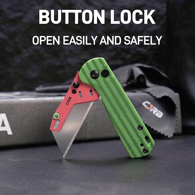 CJRB Boxer Folding Utility Knife, Button Lock EDC Pocket Knife with G10 Handle, Includes 10PCS Total Blades(J1967 Watermelon Green)