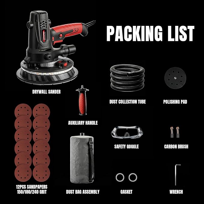 AEROPRO Tools Electric Drywall Sander 800W with Vacuum Dust Collection, Popcorn Ceiling Remover, 1200-2300RPM, Soft Start, LED Light, Auxiliary Handle, 12 Sanding Discs & 1 Polishing Pad