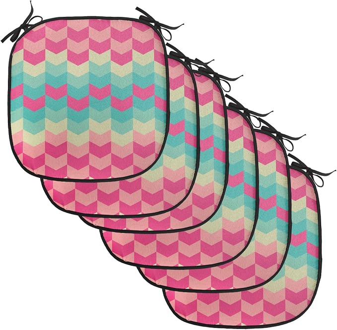 Lunarable Geometric Chair Cushion Pads Set of 6, Retro Pattern Mexican Flora Bohemian Contemporary Art Illustration, Anti-Slip Seat Padding for Kitchen & Patio, 16"x16", Pink Pale Pink Turquoise