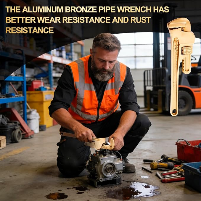 Hicarer 12'' Non-Sparking Pipe Wrench | Opening Max 60mm, Aluminum Bronze Spark-free Adjustable Pipe Spanner Straight Plumbing Wrench, Corrosion Resistant