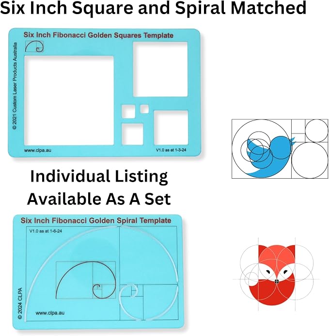 Fibonacci 6" Spiral Drawing Template, Golden Ratio Stencil