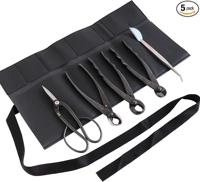 Wazakura Made in Japan 5PCS Bonsai Tool Kit with Roll Bag: Yasugi Steel Ashinaga Bonsai Scissors, Concave Branch Cutter, Knob Cutter, Wire Cutter, Tweezers - 5 Tools Ashinaga Set with Case