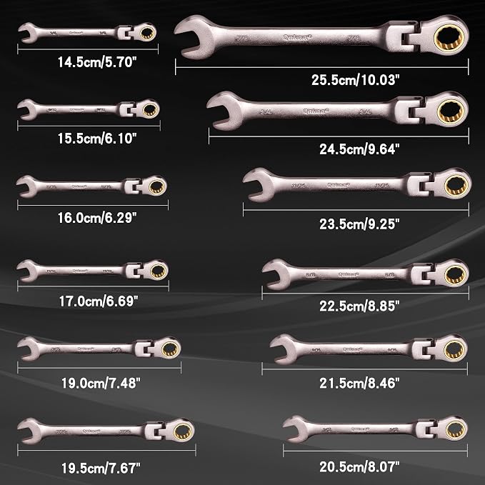 Qnkaa Flexible Ratcheting Wrench Set 24pcs Metric 8-19mm & SAE 1/4” to 7/8“ | Flex-Head Spanner Gear Ring Ratchet Combination Wrenches Kit with Portable Organizer