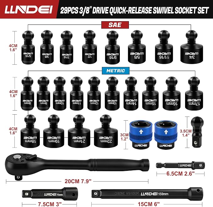 LLNDEI 3/8" Drive Swivel Socket Set 29Pcs SAE/Metric CR-MO | Quick Release Wobble Sockets 8-22mm & 5/16-3/4", Ratchet, Extension & Adapters, for Engine, Suspension, Brake & Industrial