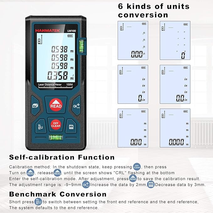328ft/100m Laser Measure Ft/in/M Switching LM100 Laser Measurement Tool Devices with 2 Bubble Levels Distance Meter,Large Backlit LCD