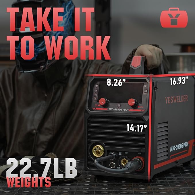 YESWELDER 205A MIG Welder, 110V/220V Dual Voltage, 5 in 1 Gas MIG/Flux Core MIG/Spool Gun MIG/Lift TIG/Stick Multiprocess LED Digital Display Aluminum MIG Welding Machine MIG-205DS PRO