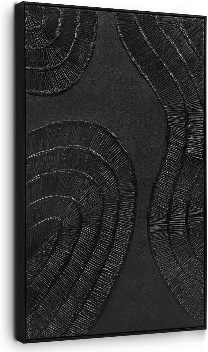 Textured 3D Abstract Hand-Painted Wall Art Large Black Thick Texture Minimalist Wall Art - 3D Contemporary Dimensional Home Office Living Room Modern Wall Decor Framed - 24"x36"