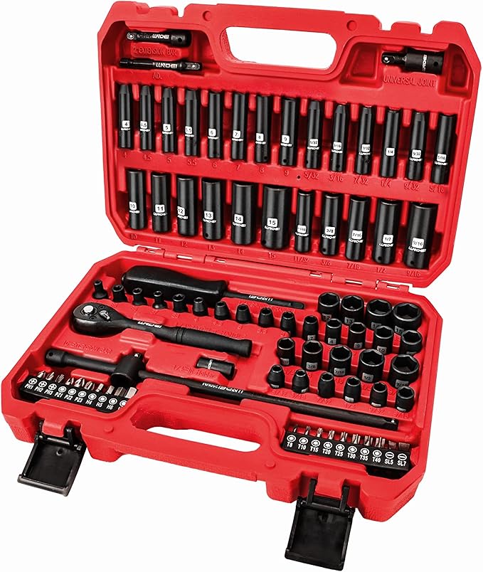 1/4" Impact Socket Set, 83 Pcs Wrench Set SAE(5/32-9/16 in) Metric (4-15mm) | 72T Ratchet Wrench Handle,CR-V Mechanics Tool Set with Adapter, Screwdriver Bits for Automotive Repair