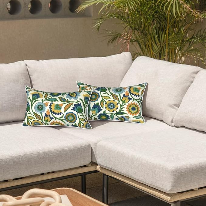 LVTXIII 2 Pack Outdoor Lumbar Pillows 12x20 Inch with White Piping, Fade Resistant Support Throw Pillows with Inserts for Patio Furniture, Sofa, Chair, Fiesta Floral