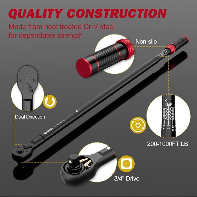 VANPO 3/4-inch Drive Click Torque Wrench, 200-1000 Ft-Lb/271-1355 Nm | 48.03'' Length, 48-Tooth Click Torque Wrench with a Hex Key, Precision Mechanic Tools for Oil Rigs, Trucks & Wind Turbines