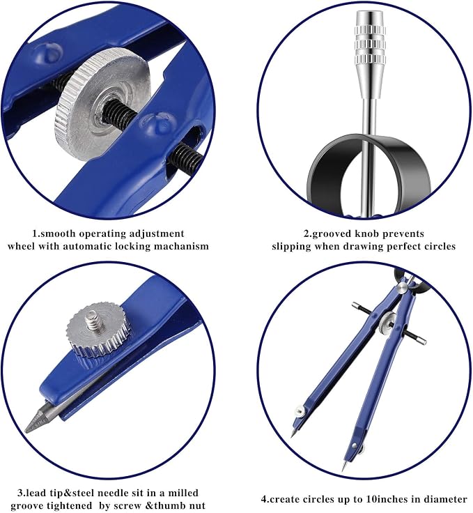 Professional Compass for Geometry, Metal Drawing Compass Drafting Tool with Extra Refills for Office Drafting Drawing Woodworking, Silver, Blue(20 Pieces)
