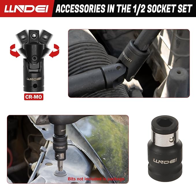 LLNDEI 1/2" Drive Deep Impact Socket Set 37Pcs SAE/Metric CR-MO | 3/8"-1-1/4" & 8-24mm, Spark Plug 16/21mm, Universal Joint & Extensions, for Auto, Truck & Heavy Equipment