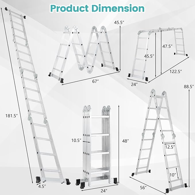 7-in-1 Folding Ladder, Multi-Purpose 15 FT Aluminum Alloy Ladder with Non-Slip Feet, Safety Locking & Heavy Duty Frame, Indoor & Outdoor Lightweight Extension Ladder, 330 LBS Capacity