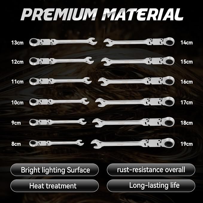 DISEN 12pcs Ratchet Wrenches Set Double Jointed, Metric Flex Head Ratcheting Wrench Set 8-19mm, Open End & Box End Combination Wrench, 72-Teeth, Cr-V Steel, with Heavy Duty Case