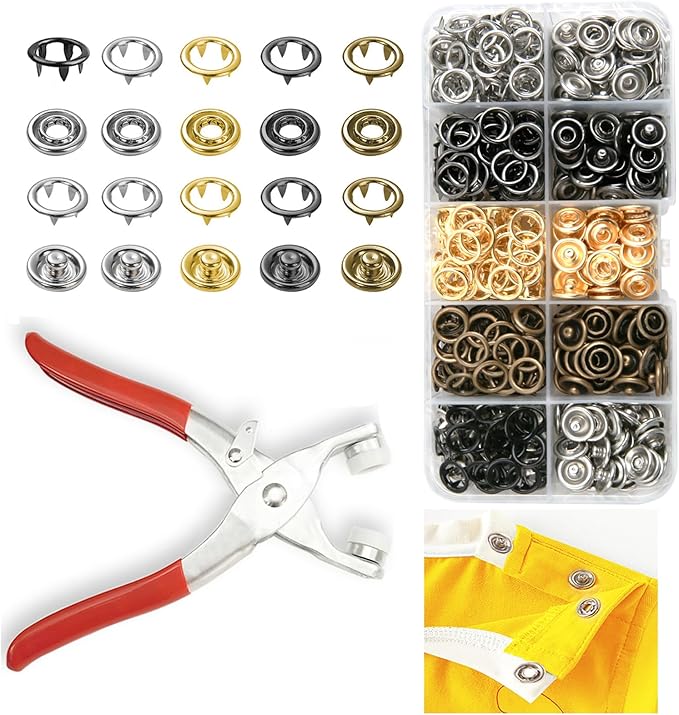 GTAAOY 100 Sets 9.5mm Metal Snaps Buttons Perfect for Clothes Hats and Sewing, 5 Colors Hollow Prong Snaps with Fastener Pliers Press Tool Kit