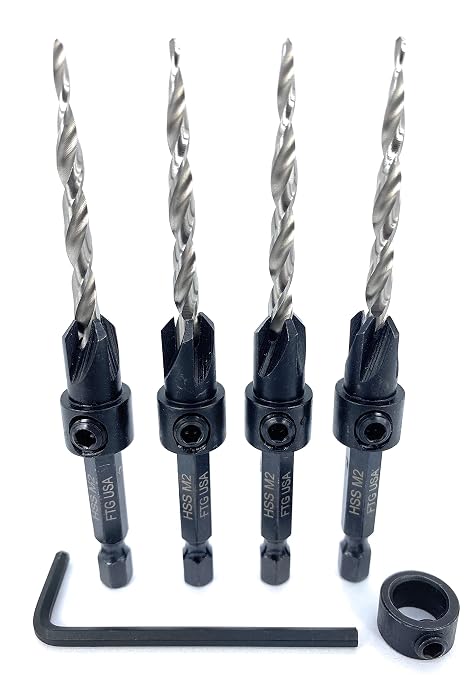 FTG USA Countersink Drill Bit Set 4 Pc #8 (11/64") Wood Bit, Tapered Bit, Stop Collar, Hex Wrench for Woodworking