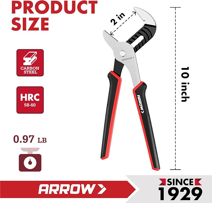 ARROW 10-Inch Groove Joint Pliers, Adjustable Water Pump Pliers with TPR Handle, High Carbon Steel Tongue and Groove Plier for Plumbing, Automotive and Household Repairs