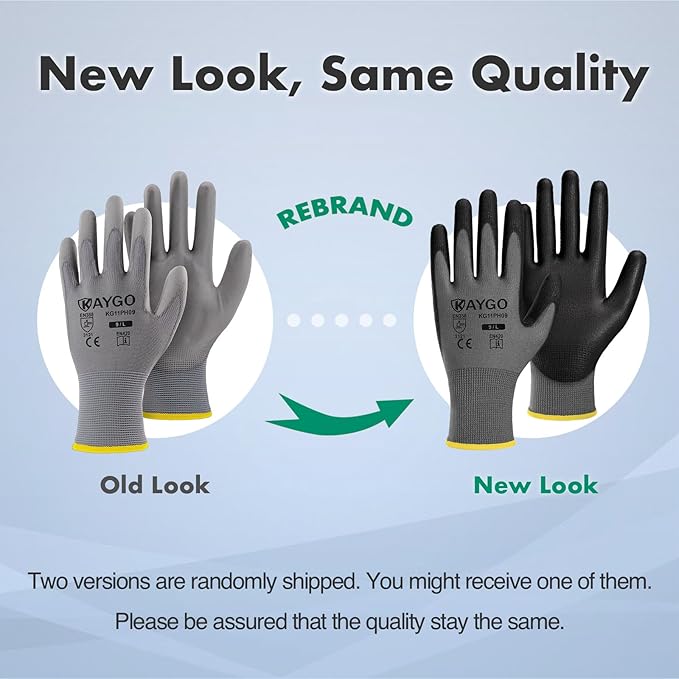 KAYGO Work Gloves for Men and Women, 60 Pairs Seamless Knit PU Coated Safety Gloves, with Smooth Grip on Palm and Fingers, Ideal for Light Warehouse, Manufacturing, Gardening, KG11P (L,Gray)