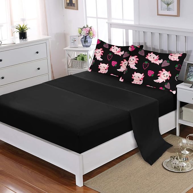 Cute Axolotl Comforter Set,Bed in a Bag Full Size 7 Pieces,Marine Life Themed Bed Set for Kids Girls Toddler,7Pcs Bedding Set with Comforter,Fitted Sheet,Flat Sheet,Pillowcases.