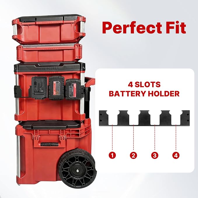 4-Slot Battery Holder Compatible with Milwaukee M18 Battery | Side Mount Storage with Rail Clips, Battery Secure Storage & Easy Access, Fits Packout Toolbox Organizer System