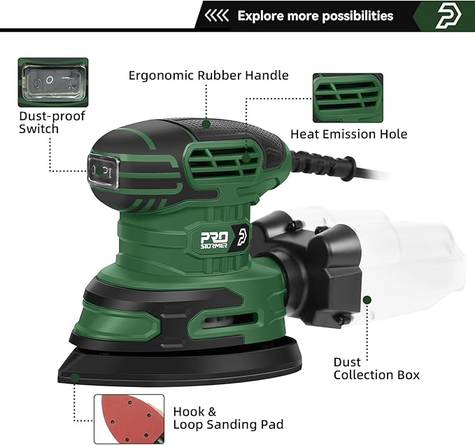 Prostormer Detail Sander, 13000RPM Mouse Sander, 1.6A Electric Palm Sanders with 15Pcs Sandpapers, Dust Collection Box for Tight Spaces Sanding, Polishing, Woodworking in Home Decoration
