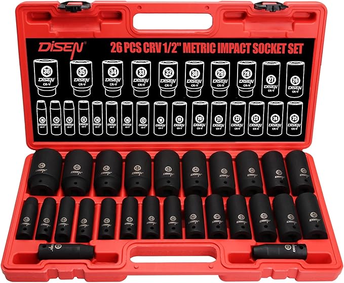 DISEN 26 Pcs Metric 1/2" Impact Socket Set | 10mm - 36mm Deep Sockets Set Impact, 6-Point,Cr-V,Rugged Construction 1/2 Inches Drive Socket
