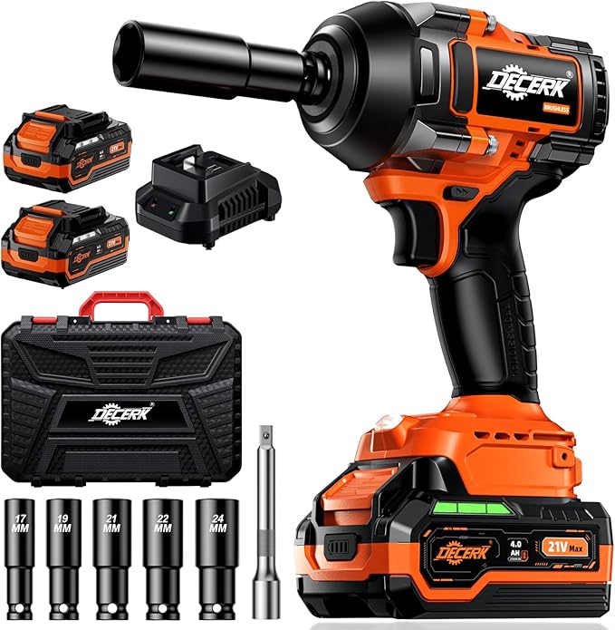 DECERK 900Nm High-Torque Impact Wrench - Covers 94% of OEM Torque Specs for Trucks, SUVs & Farm Equipment [4000mAh Dual Batteries] [1/2 Inch Driver] [21V MAX] Brushless, Cordless, Electric, Power,Gun