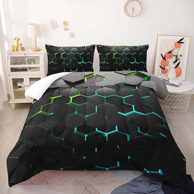 Geometric Green Black Neon Comforter Set,Light Honeycomb 3 Piece Bedding Set Twin for Teen Boys,Modern Bedding Quilt Set Geometry Decor,Microfiber Lightweight 1 Comforter 2 Pillowcases All Season