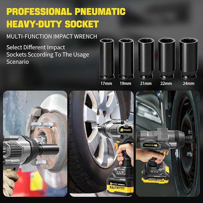 2200Nm Cordless Impact Wrench, 1/2" Electric Impact Gun with 2 x 6.0Ah Batteries, 21V Brushless High Torque Impact Wrench with 5 Pneumatic Sockets, Impact Driver for Truck Tire Lug Nut Removal