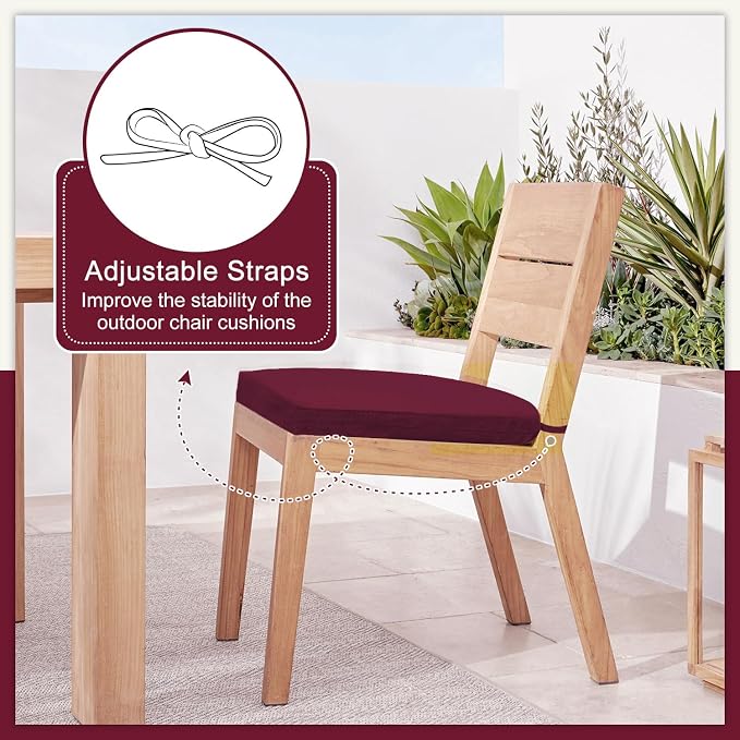 Cozyide Outdoor Chair Cushions, Waterproof Patio Seat Cushions with Adjustable Straps, Round Corner Patio Chair Cushions for Garden, Burgundy, 17x16x2 Inch (Pack of 4)