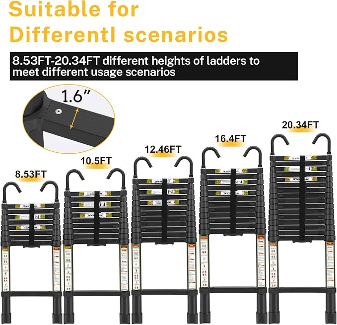 RIKADE Telescopic Ladder, 8.5 ft Aluminum Telescoping Ladder with Non-Slip Feet and Stable Hook, Portable Extension Ladder for Household and Outdoor Working, Max Load 330 lb, Black