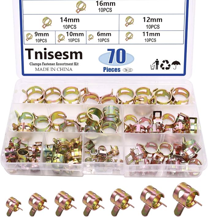 Tnisesm 70 Pcs Spring Band Type Action Pipe Clamp, Air Hose Tube Water Pipe Fuel Pipe Silicone Vacuum Hose Clamp Fasteners Assortment Kit(6mm, 9mm, 10mm, 11mm, 12mm, 14mm, 16mm) TN-23