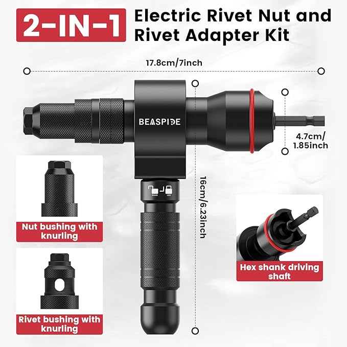 Beaspire Rivet Nut Tool Kit for Drill, 2-in-1 Cordless Rivet Gun Adapter & Rivet Nut Adapter, Rivnut Tool Set with 7 Metric Mandrels, 6 Rivet Head Sizes, 65Pcs Rivet Nuts, Carry Case