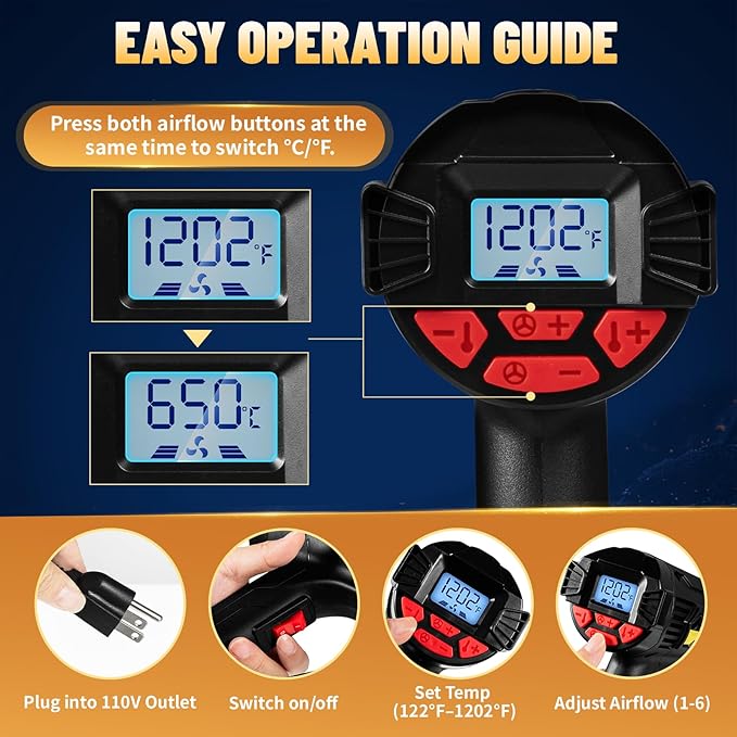 TECKWRAP Heat Gun 2000W 110V with LCD Display, Adjustable Hot Air Gun for Vinyl Wrap, Shrink Wrap, Paint Removal & DIY Crafts (122–1202°F)