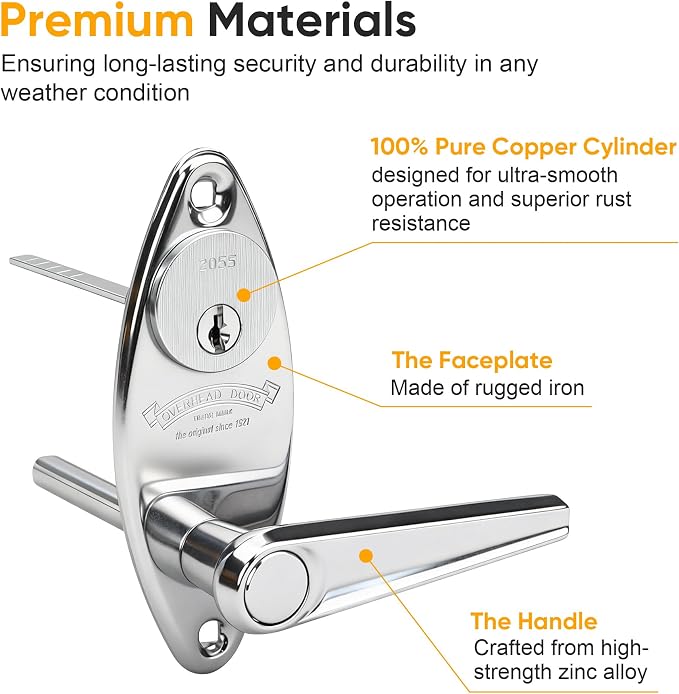 Heavy-Duty Garage Door Lock Kit, Universal L-Handle with Inside Side Latch, Copper Cylinder & Keys, Zinc Alloy Handle, Complete Hardware Set for Shed Barn Garage Doors, 3 Sizes Screws-1 Set