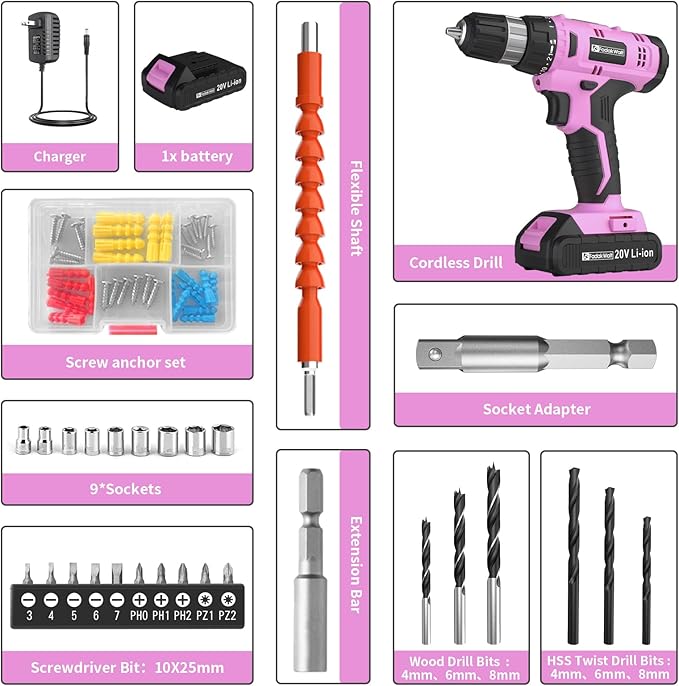 FADAKWALT Cordless Drill Set, 20V Electric Power Drill With Battery And Charger, 30N Torque, 21+1 Settings, 3/8-Inch Keyless Chuck, Driver Bits Kit, LED Light (Pink)