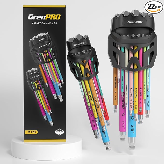GRENPRO 22PC Allen Wrenches Sets Metric & SAE Hex Key Set Color Bike Tools | Long Standard Allen Key Set With Color Coding, Flat & Ball Tip Bit, DIY Assembly & Home Bicycle Repair, Corrosion Resistant