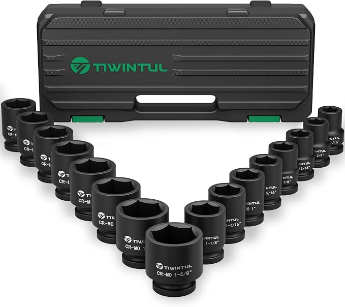 3/4 Inch Drive Impact Socket Set, 16 Piece, SAE, 11/16" to 1-5/8" | CR-MO, 6-Point, Heavy Duty, Storage Case, Easy-to-Read Size Markings, Rugged Construction for Large Vehicle, Truck, Trailer