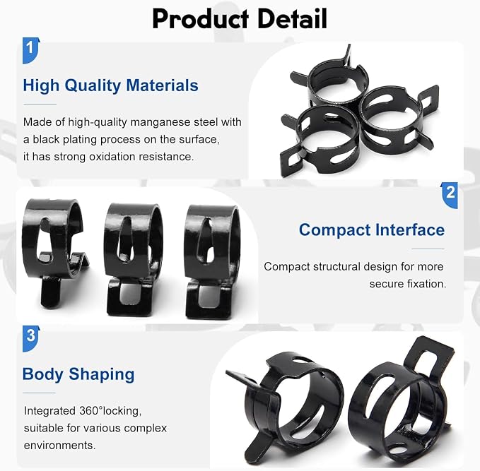 10pcs 0.39" ID Constant Tension Band Hose Clamps, 10mm Spring Band Type Action Hose Clamp Manganese Steel Fuel Line Clamp Low Pressure Air Clip Clamp for Fuel Hose Line Water Pipe Air Tube black